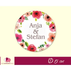 Hochzeitsaufkleber | Blumenkranz nach Aquarellart - Blüten rot
