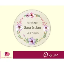 Hochzeitsaufkleber | Blumenkranz auf Vintagepapier-Optik - fliederfarben