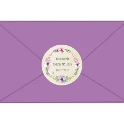 Hochzeitsaufkleber | Blumenkranz auf Vintagepapier-Optik - fliederfarben