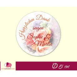 Hochzeitsaufkleber | Blumenstrauß - Herzlichen Dank - orange