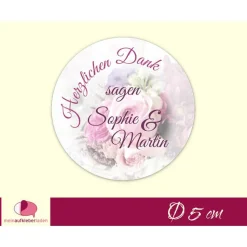 Hochzeitsaufkleber | Blumenstrauß - Herzlichen Dank - rosa