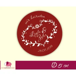 Hochzeitsaufkleber | Herz Ornament mit Rose - rot weiß