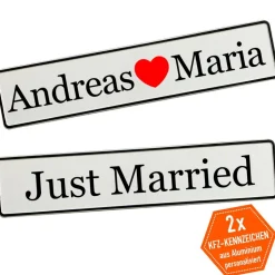 Hochzeitsauto Deko: 2 personalisierte Kennzeichen mit Namen / Just Married | Brautauto Schild Hochzeit Wunschtext / mehr