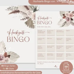 Hochzeitsbingo als Hochzeitsspiel für Brautpaar & Gäste im schönen floralen Design I 50 Blätter I CreativeRobin