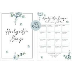 Hochzeitsbingo als Hochzeitsspiel für Brautpaar & Gäste im schönen Eukalyptus Design I 50 Blätter I CreativeRobin