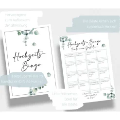 Hochzeitsbingo als Hochzeitsspiel für Brautpaar & Gäste im schönen Eukalyptus Design I 50 Blätter I CreativeRobin