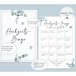 Hochzeitsbingo als Hochzeitsspiel für Brautpaar & Gäste im schönen Eukalyptus Design I 50 Blätter I CreativeRobin