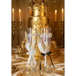 Hochzeits-Champagnergläser „Love Sparkle“ – Handverzierte Sektgläser mit Perlen, AB-Schimmer & Federn im Brautpaar-Look