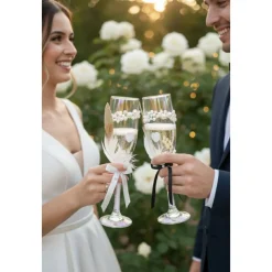 Hochzeits-Champagnergläser „Love Sparkle“ – Handverzierte Sektgläser mit Perlen, AB-Schimmer & Federn im Brautpaar-Look