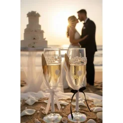 Hochzeits-Champagnergläser „Love Sparkle“ – Handverzierte Sektgläser mit Perlen, AB-Schimmer & Federn im Brautpaar-Look