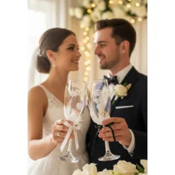 Hochzeits-Champagnergläser „Love Sparkle“ – Handverzierte Sektgläser mit Perlen, AB-Schimmer & Federn im Brautpaar-Look