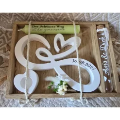 Hochzeitsgeschenk Infinity-Schleife mit Herz, Kerze & Namensröhrchen – Personalisiertes Set zur Hochzeit & Verlobung