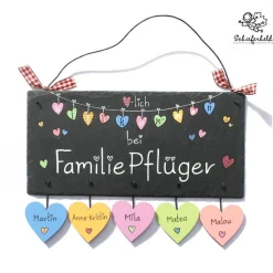 Hochzeitsgeschenk Türschild Familie aus Schiefer personalisiert mit Namen, Geschenk Brautpaar, Schieferschild Herzkette