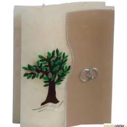 Hochzeitskerze 2 Dochte Doppelwelle in weiß mit Baum und Eheringen, außergewöhnliche Doppeldochtkerze