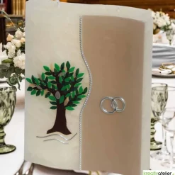 Hochzeitskerze 2 Dochte Doppelwelle in weiß mit Baum und Eheringen, außergewöhnliche Doppeldochtkerze