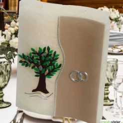 Hochzeitskerze 2 Dochte Doppelwelle in weiß mit Baum und Eheringen, außergewöhnliche Doppeldochtkerze