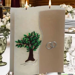 Hochzeitskerze 2 Dochte Doppelwelle in weiß mit Baum und Eheringen, außergewöhnliche Doppeldochtkerze