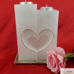 Hochzeitskerze 2 Dochte mit 2 Teelichten, Perlmutt-Oberfläche, gefräste Herzen,  Doppelhochzeitskerze, personalisierbar