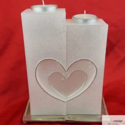 Hochzeitskerze 2 Dochte mit 2 Teelichten, Perlmutt-Oberfläche, gefräste Herzen,  Doppelhochzeitskerze, personalisierbar