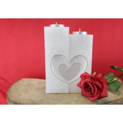 Hochzeitskerze 2 Dochte mit 2 Teelichten, Perlmutt-Oberfläche, gefräste Herzen,  Doppelhochzeitskerze, personalisierbar