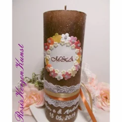 HOCHZEITSKERZE * Rustikkerze * mit Monogram/Initialien des Brautpaares, Spitzenband, Satinbändern im Vintage-Look