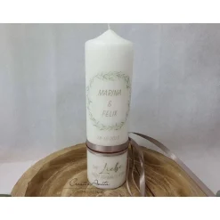 Hochzeitskerze Blätterkranz - Grün-Braun-Taupe - Personalisiert