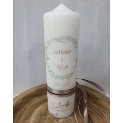 Hochzeitskerze Blätterkranz - Grün-Braun-Taupe - Personalisiert