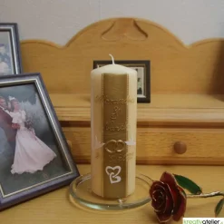 Hochzeitskerze Champagner mit Perlstreifen, Tauben und Eheringen, personalisierbar, ideal als Hochzeitsgeschenk