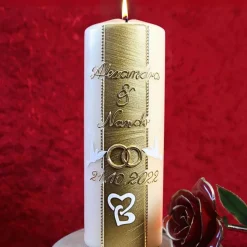 Hochzeitskerze Champagner mit Perlstreifen, Tauben und Eheringen, personalisierbar, ideal als Hochzeitsgeschenk