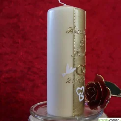 Hochzeitskerze Champagner mit Perlstreifen, Tauben und Eheringen, personalisierbar, ideal als Hochzeitsgeschenk