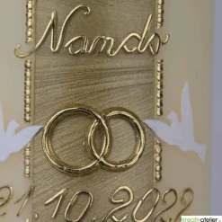 Hochzeitskerze Champagner mit Perlstreifen, Tauben und Eheringen, personalisierbar, ideal als Hochzeitsgeschenk