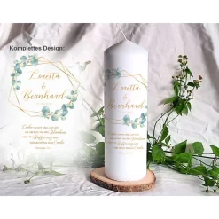 Hochzeitskerze Design Eukalyptus Gold - Stumpenkerze