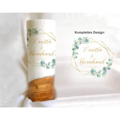Hochzeitskerze Design Eukalyptus Gold - Holzkerze