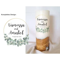 Hochzeitskerze Design Eukalyptus unten - Holzkerze