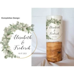 Hochzeitskerze Design Eukalyptus links - Holzkerze