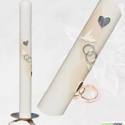 Hochzeitskerze elfenbein mit silbernen Tauben und Herzen, personalisierbar mit Namen und Datum, perfekte Hochzeitsdeko
