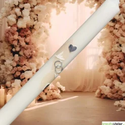 Hochzeitskerze elfenbein mit silbernen Tauben und Herzen, personalisierbar mit Namen und Datum, perfekte Hochzeitsdeko