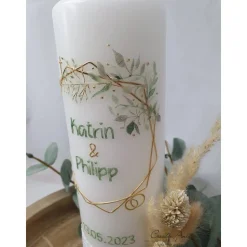 Hochzeitskerze Geometric 6-eck Salbei-Eukalypthus-Gold m. Trockenblumen