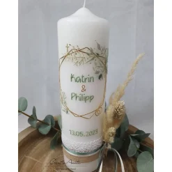 Hochzeitskerze Geometric 6-eck Salbei-Eukalypthus-Gold m. Trockenblumen