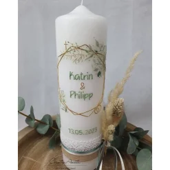 Hochzeitskerze Geometric 6-eck Salbei-Eukalypthus-Gold m. Trockenblumen