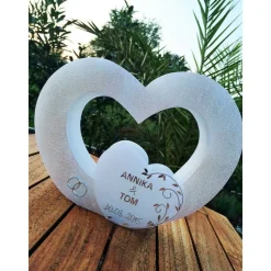 Hochzeitskerze, Hochzeitkerze Doppelherz, mit Teelichteinsatz, Hochzeit, Vermählung, Verlobung, inkl. Beschriftung, Farb