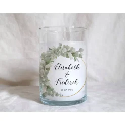 Hochzeitskerze im Glas - Design Eukalyptus links