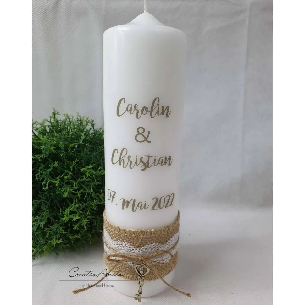Hochzeitskerze im Vintagestil mit Juteband - Personalisiert mit Namen - Khaki oder Schwarz