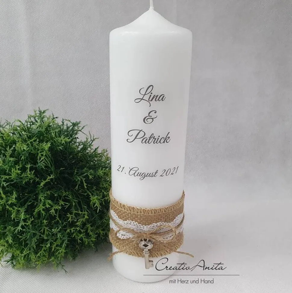 Hochzeitskerze im Vintagestil mit Juteband - Personalisiert mit Namen