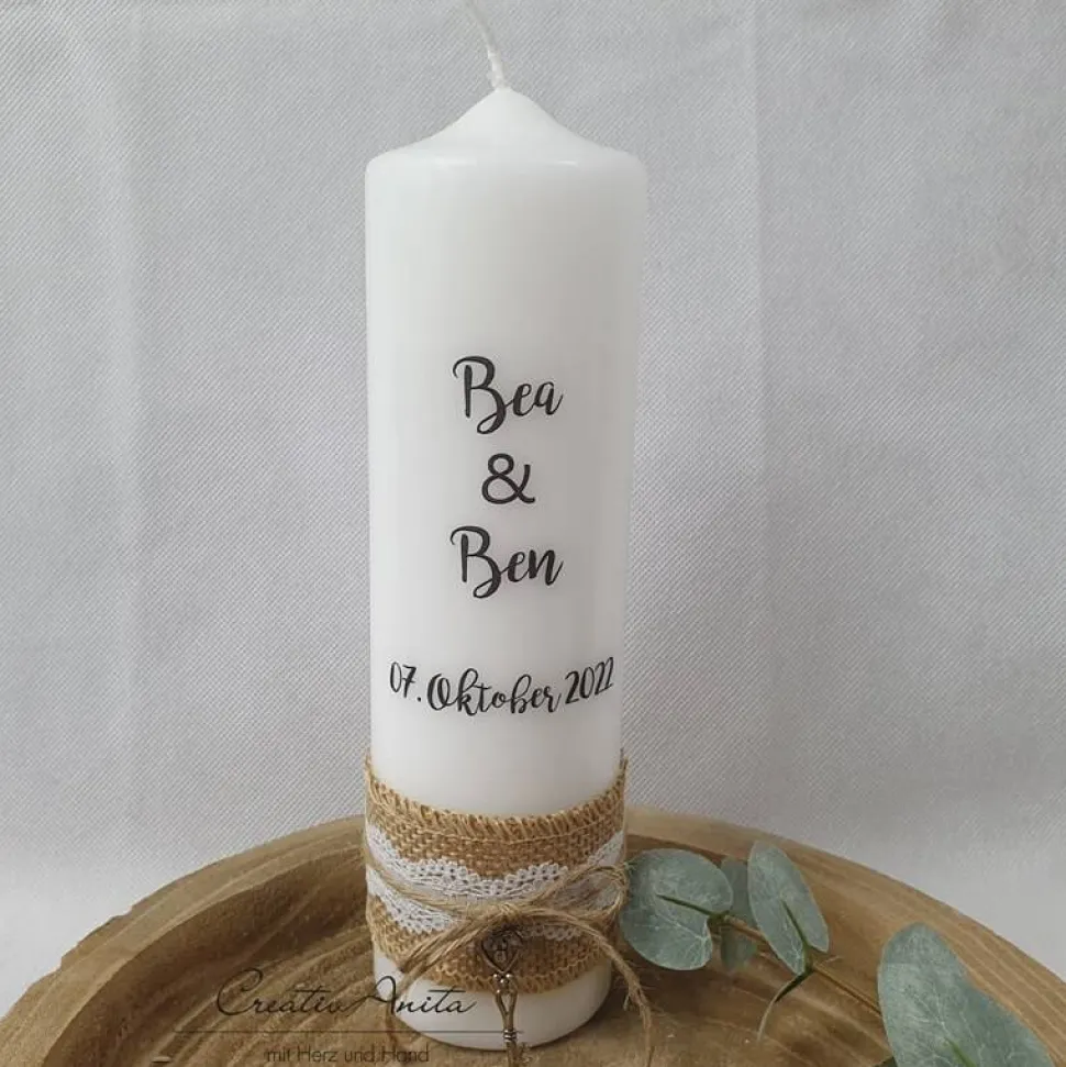 Hochzeitskerze im Vintagestil mit Juteband - Personalisiert mit Namen - Schwarz