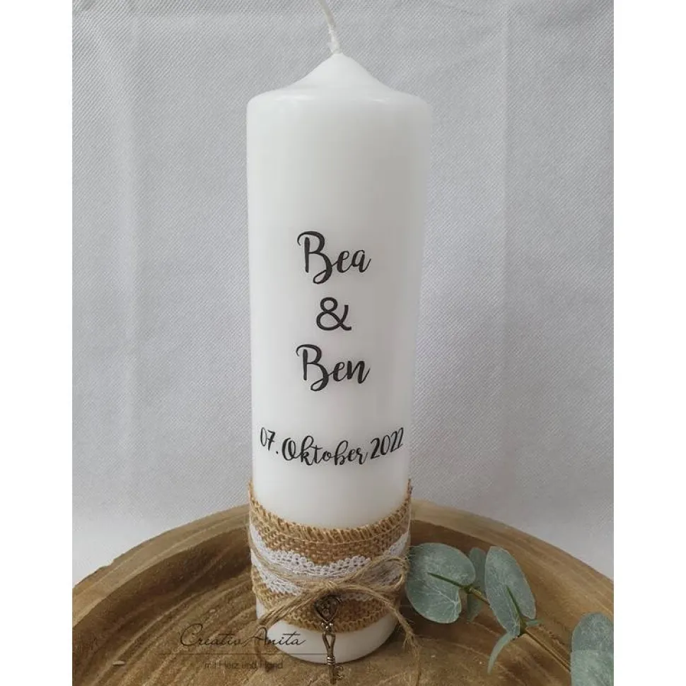 Hochzeitskerze im Vintagestil mit Juteband - Personalisiert mit Namen - Schwarz