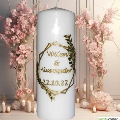 Hochzeitskerze in Elfenbein, personalisierbar mit Blattranken in Gold und Braun, modernes Hochzeitsgeschenk