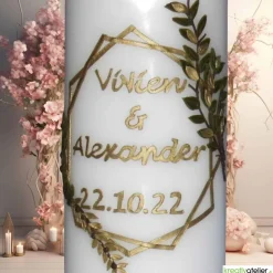 Hochzeitskerze in Elfenbein, personalisierbar mit Blattranken in Gold und Braun, modernes Hochzeitsgeschenk
