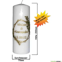 Hochzeitskerze in Elfenbein, personalisierbar mit Blattranken in Gold und Braun, modernes Hochzeitsgeschenk