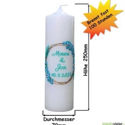 Hochzeitskerze in Elfenbein mit goldenen Ringen und Eukalyptus, personalisierbar, edle Hochzeitsdeko